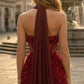 Red Bodycon Halter Short Homecoming Dress with 3D Flowers