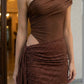 Brown Bodycon One Shoulder Short Homecoming Dress with Side Cape