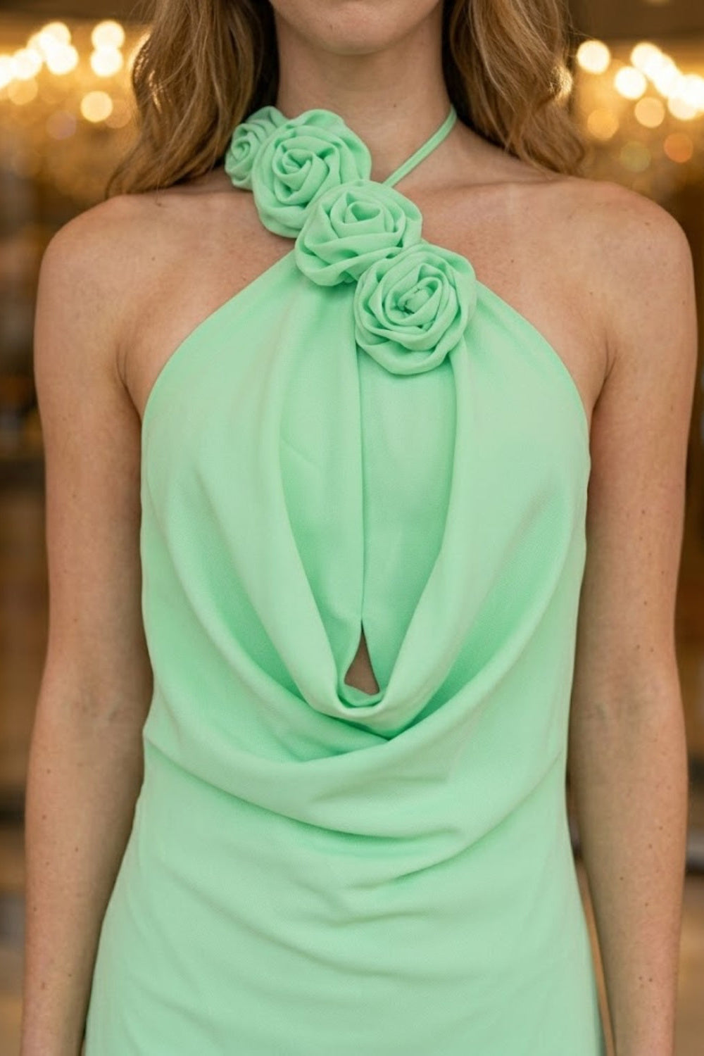 Sage Sheath Halter Long Prom Dress with 3D Flowers