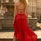 Red Mermaid Spaghetti Straps Long Formal Dress with Ruffles