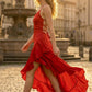 Red Mermaid Spaghetti Straps Long Formal Dress with Ruffles
