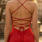 Red Mermaid Spaghetti Straps Long Formal Dress with Ruffles