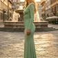 Simple Sage Mermaid V-Neck Long Formal Dress with Ruched