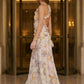 Ivory Print A Line Asymmetrical Long Prom Dress with Slit