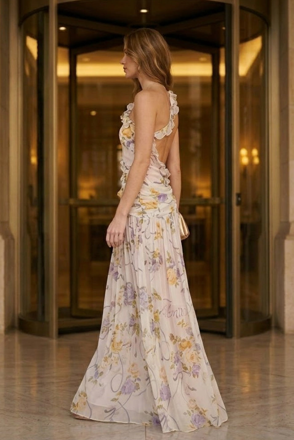 Ivory Print A Line Asymmetrical Long Prom Dress with Slit