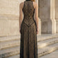 Black A Line High Neck Long Formal Dress with Lace Appliques