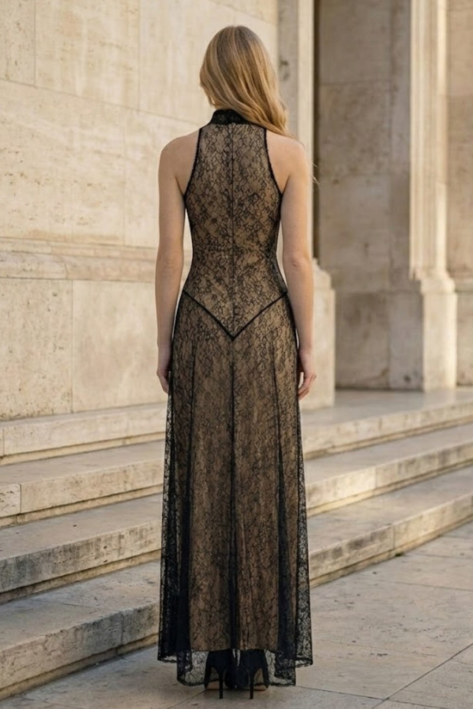 Black A Line High Neck Long Formal Dress with Lace Appliques