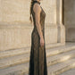 Black A Line High Neck Long Formal Dress with Lace Appliques