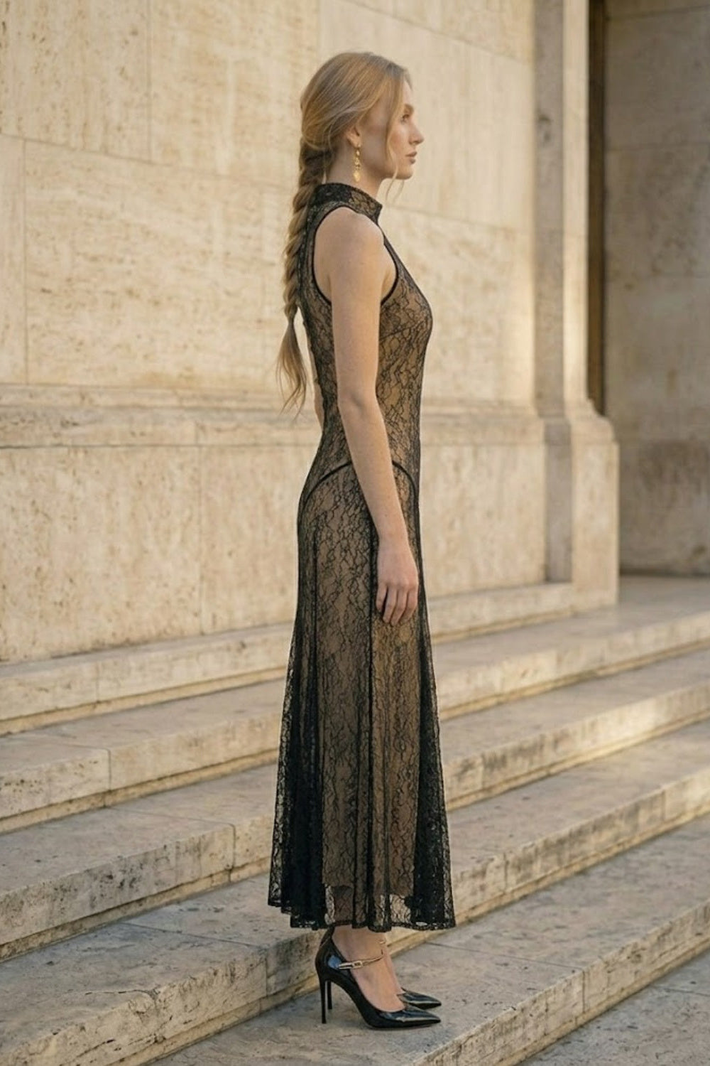Black A Line High Neck Long Formal Dress with Lace Appliques
