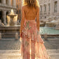 Pink Floral Sheath spaghetti straps Long Prom Dress with Slit