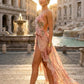 Pink Floral Sheath spaghetti straps Long Prom Dress with Slit