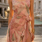 Pink Floral Sheath spaghetti straps Long Prom Dress with Slit
