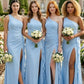 Blue Sheath One Shoulder Long Bridesmaid Dress with Slit