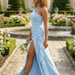 Blue Sheath One Shoulder Long Bridesmaid Dress with Slit