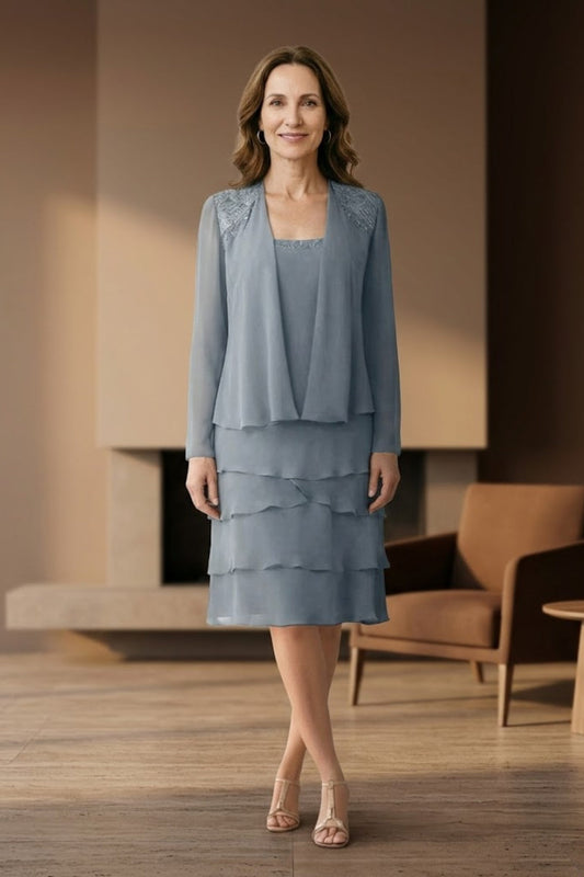 Blue A Line Scoop Long Mother of Bride Dress with Jacket