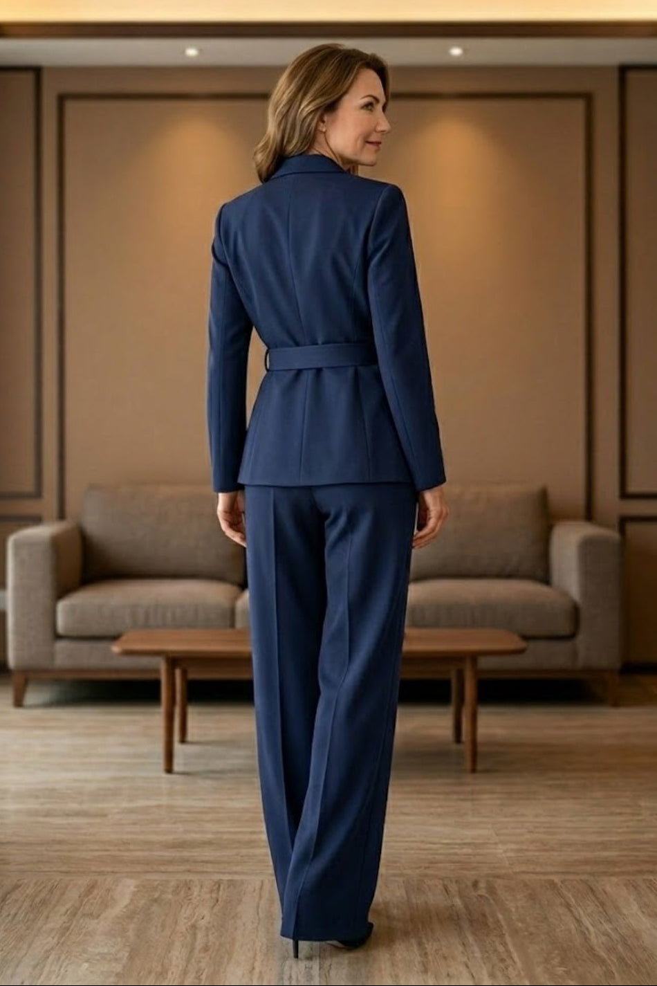 Navy Blue Pantsuit V-Neck Long Mother of Bride Dress with Belt
