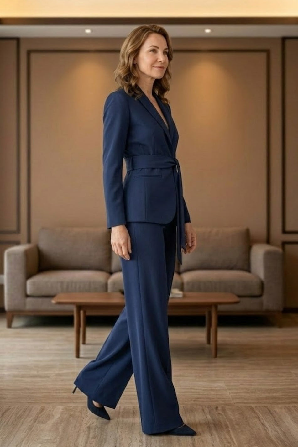 Navy Blue Pantsuit V-Neck Long Mother of Bride Dress with Belt