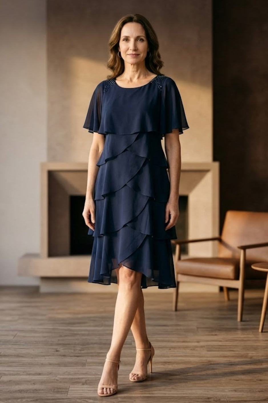 Navy Blue A Line Scoop Long Mother of Bride Dress with Ruffles