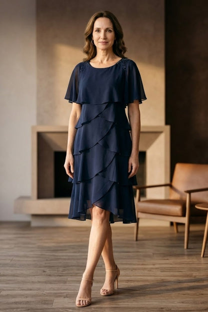 Navy Blue A Line Scoop Long Mother of Bride Dress with Ruffles
