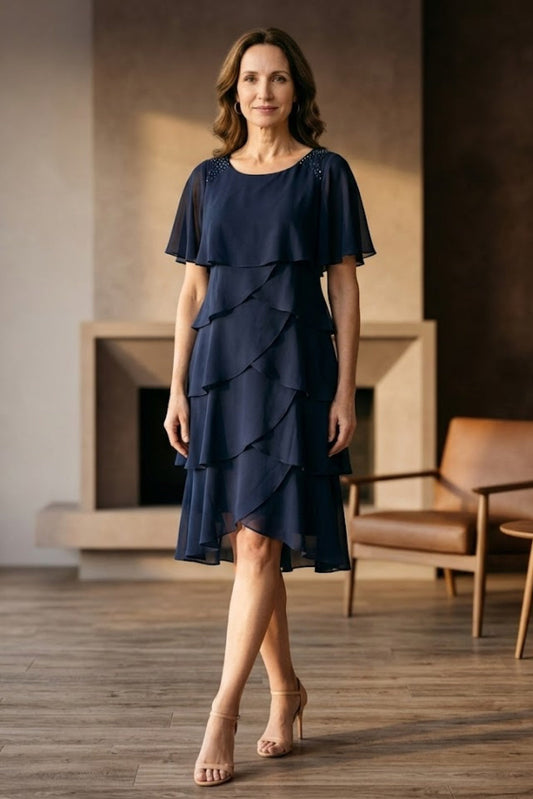 Navy Blue A Line Scoop Long Mother of Bride Dress with Ruffles