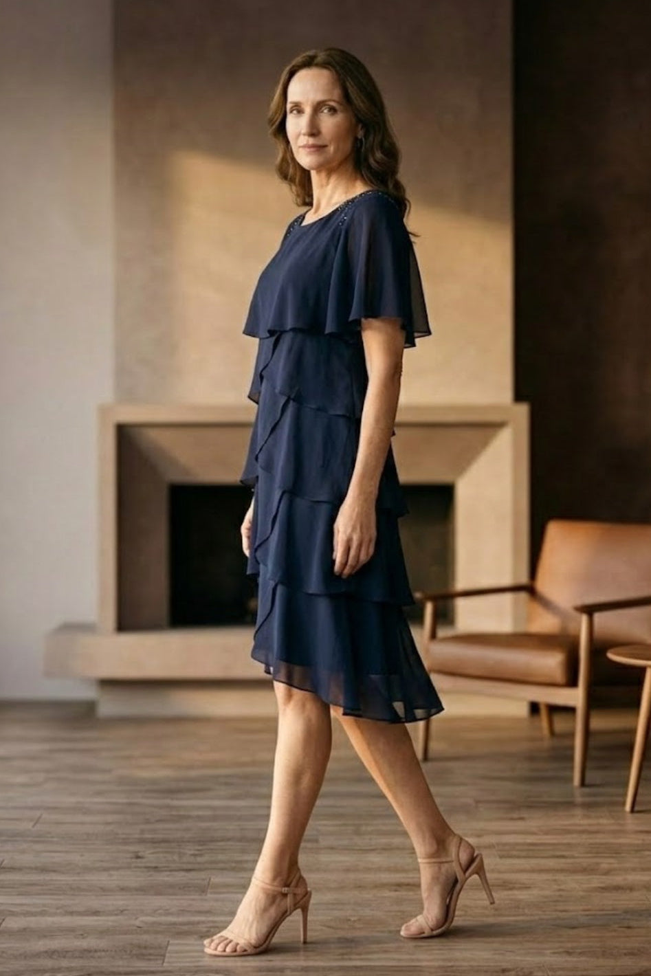 Navy Blue A Line Scoop Long Mother of Bride Dress with Ruffles