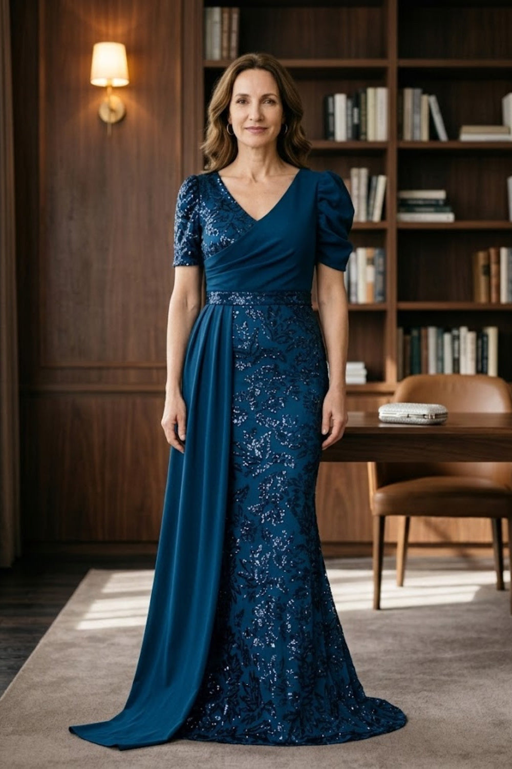 Ocean Blue Mermaid V-Neck Long Mother of Bride Dress with Side Cape