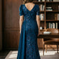 Ocean Blue Mermaid V-Neck Long Mother of Bride Dress with Side Cape