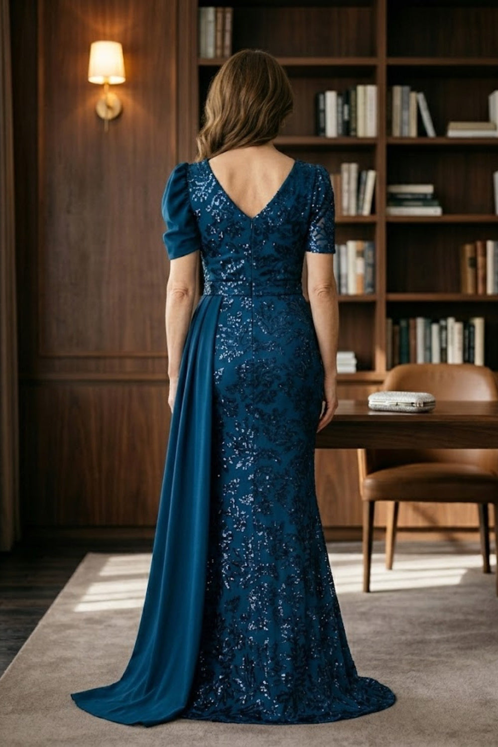 Ocean Blue Mermaid V-Neck Long Mother of Bride Dress with Side Cape