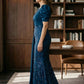 Ocean Blue Mermaid V-Neck Long Mother of Bride Dress with Side Cape