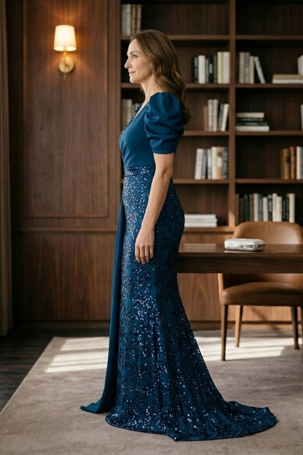 Ocean Blue Mermaid V-Neck Long Mother of Bride Dress with Side Cape