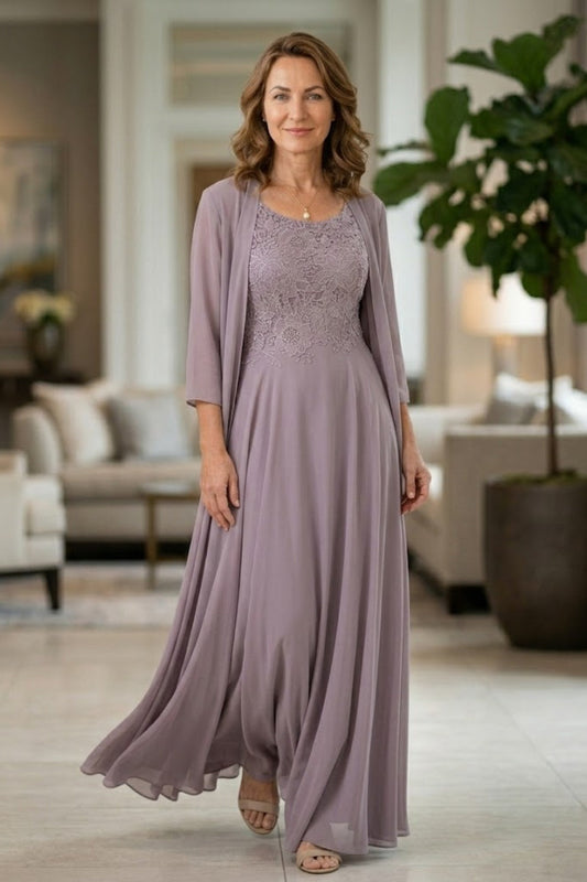 Mauve A Line Scoop Long Lace Appliques Mother of Bride Dress with Jacket