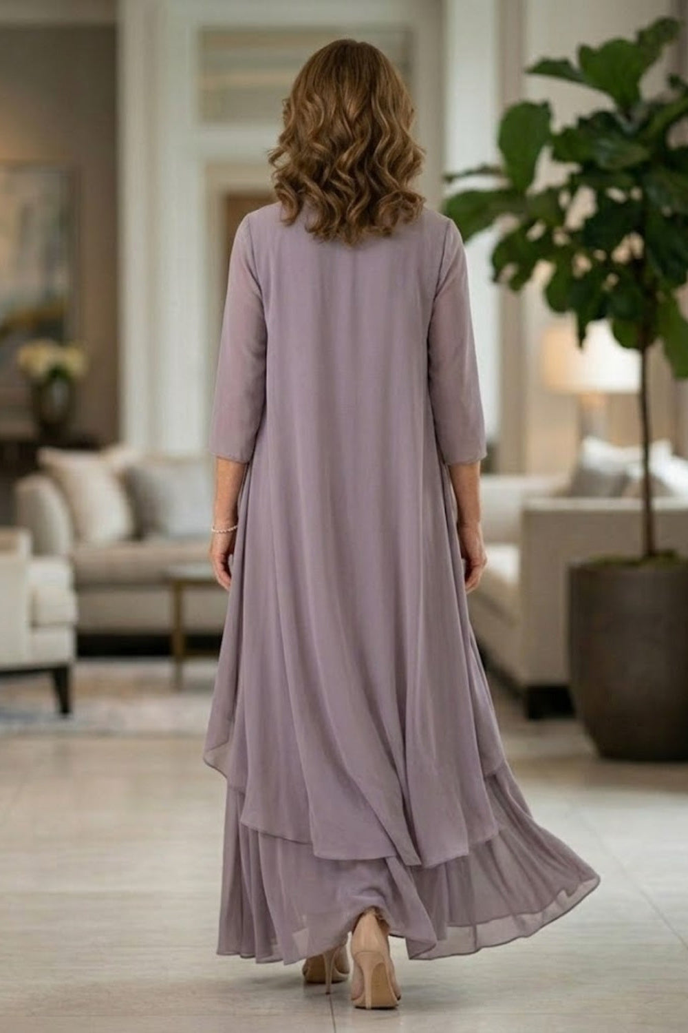 Mauve A Line Scoop Long Lace Appliques Mother of Bride Dress with Jacket