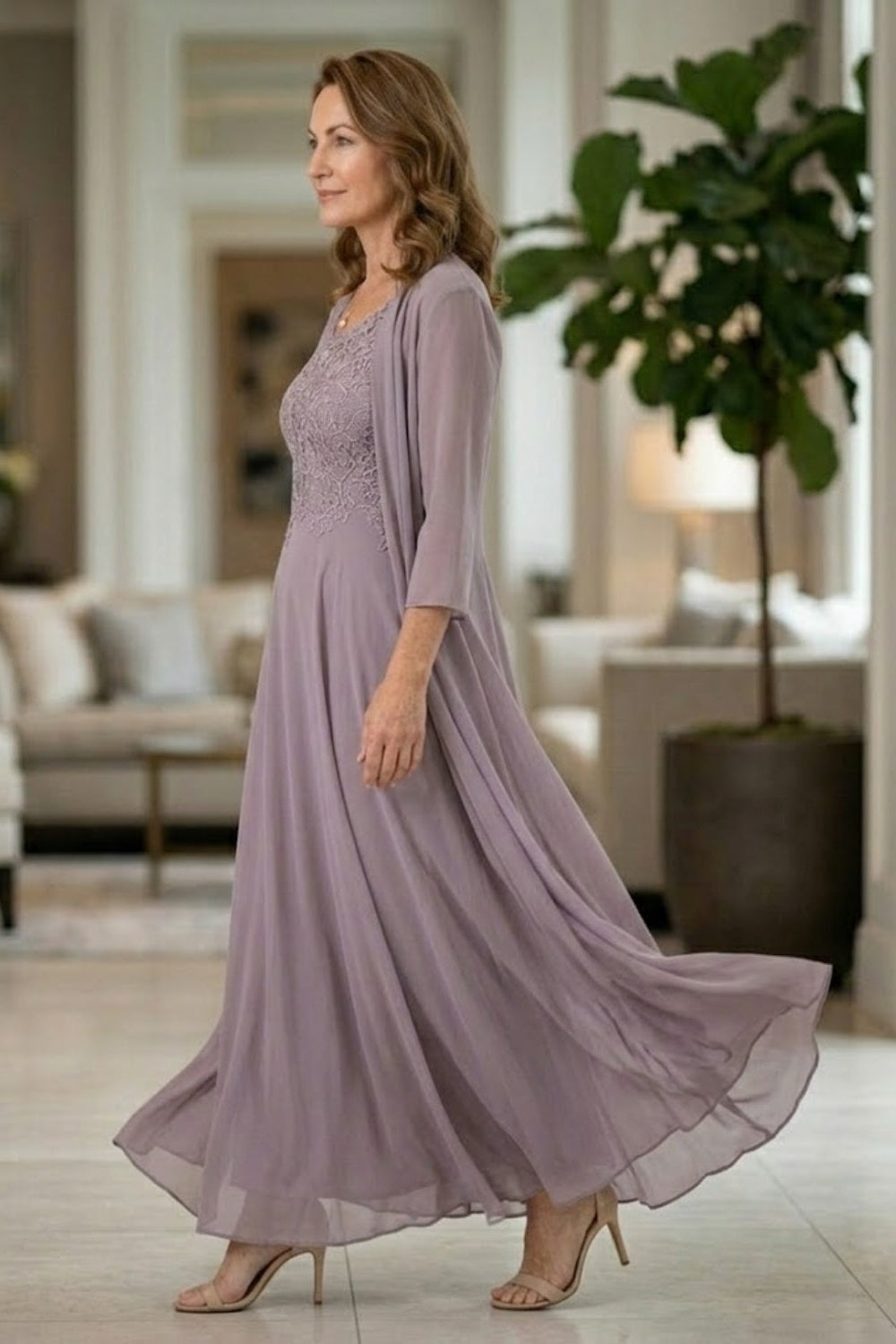Mauve A Line Scoop Long Lace Appliques Mother of Bride Dress with Jacket