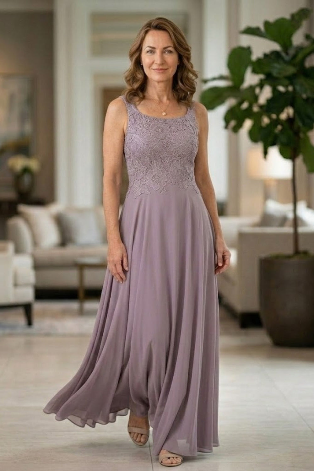 Mauve A Line Scoop Long Lace Appliques Mother of Bride Dress with Jacket
