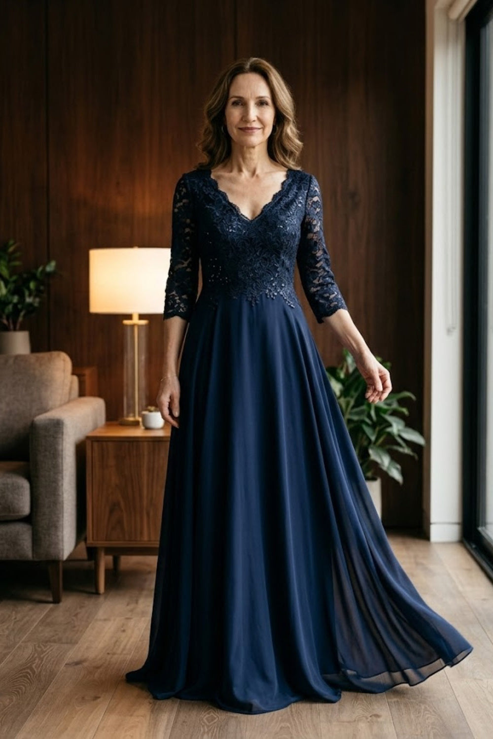 Navy Blue A Line V-Neck Long Mother of Bride Dress with Lace Appliques