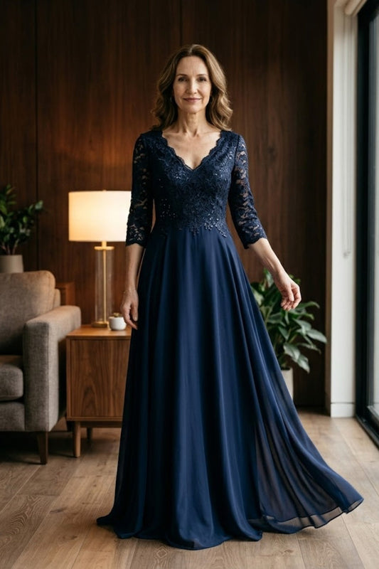 Navy Blue A Line V-Neck Long Mother of Bride Dress with Lace Appliques