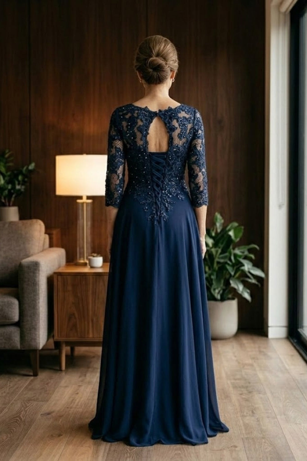 Navy Blue A Line V-Neck Long Mother of Bride Dress with Lace Appliques