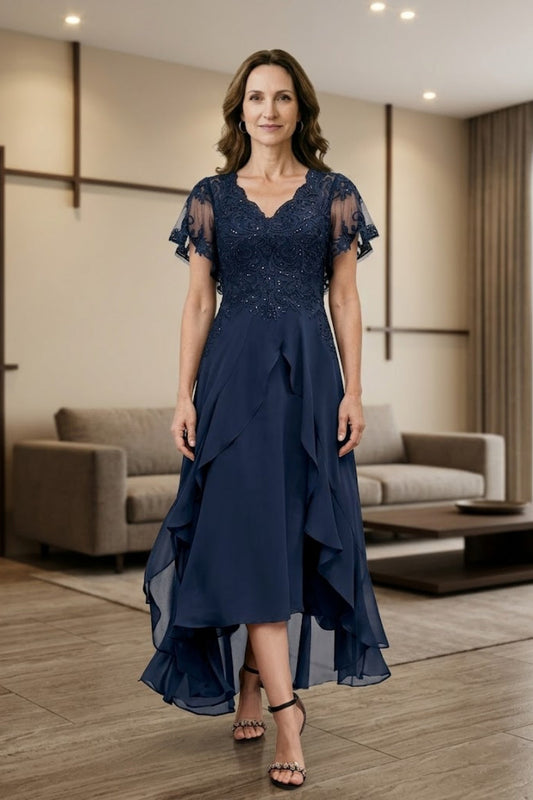 Navy Blue A Line V-Neck Long Mother of Bride Dress with Lace Appliques