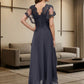 Navy Blue A Line V-Neck Long Mother of Bride Dress with Lace Appliques