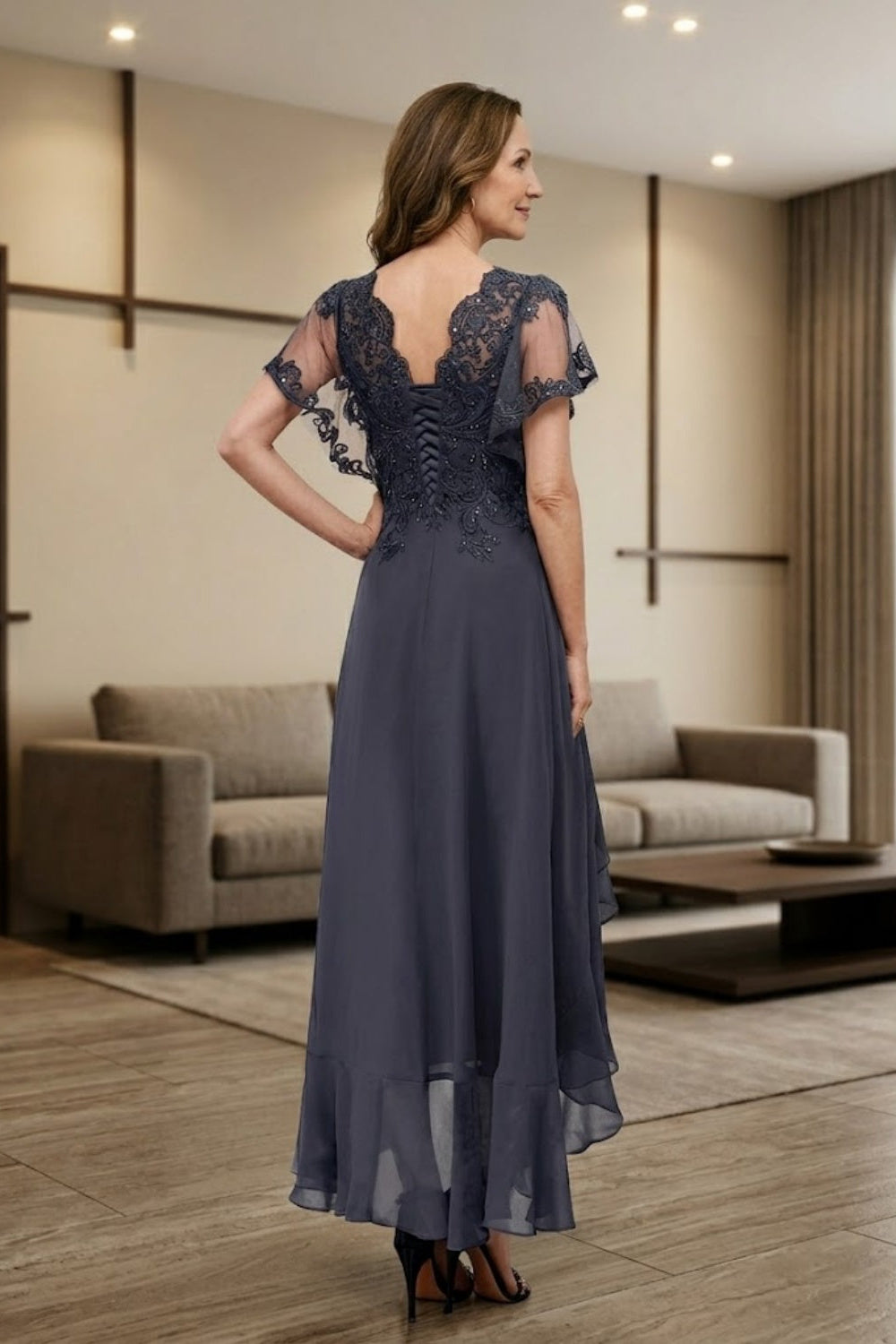 Navy Blue A Line V-Neck Long Mother of Bride Dress with Lace Appliques