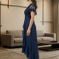 Navy Blue A Line V-Neck Long Mother of Bride Dress with Lace Appliques