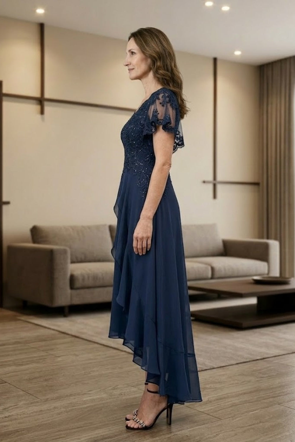Navy Blue A Line V-Neck Long Mother of Bride Dress with Lace Appliques