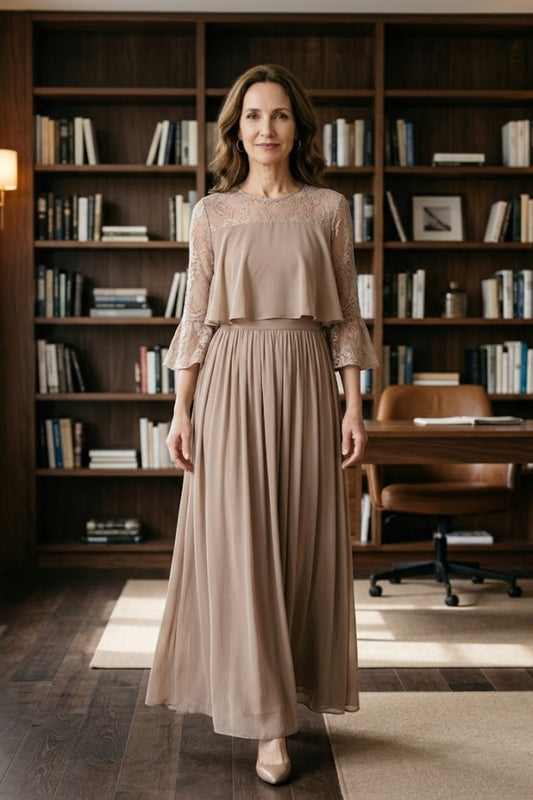 Brown A Line Illusion Neck Long Mother of Bride Dress with Lace Appliques