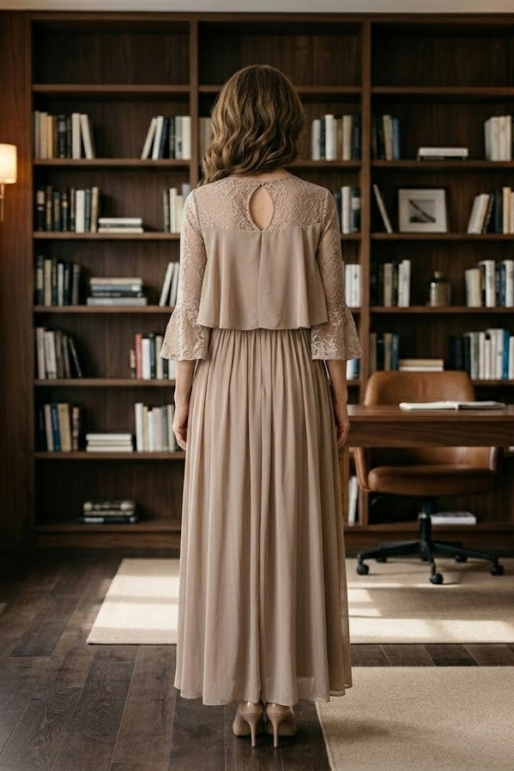 Brown A Line Illusion Neck Long Mother of Bride Dress with Lace Appliques