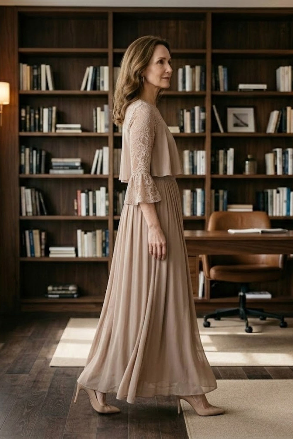 Brown A Line Illusion Neck Long Mother of Bride Dress with Lace Appliques