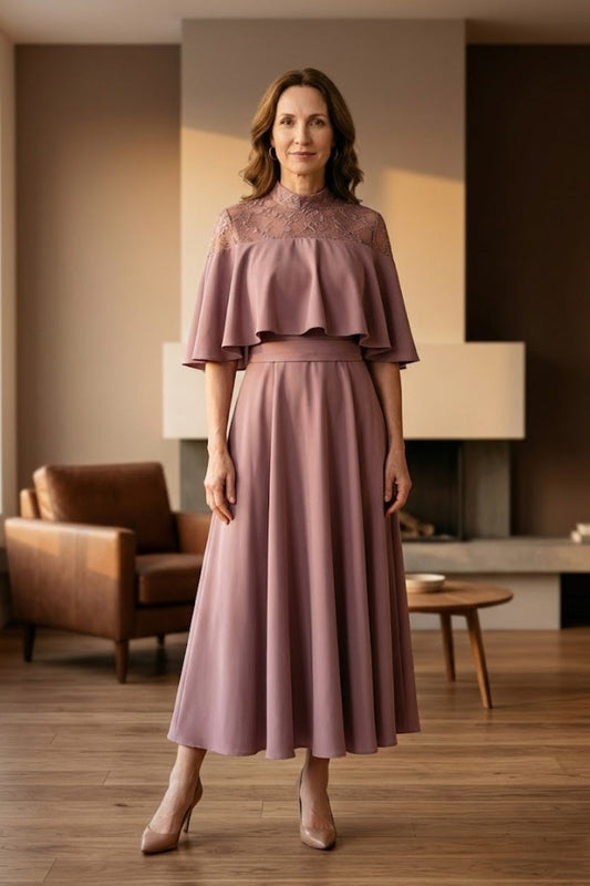 Dusty Pink A Line High Neck Long Mother of Bride Dress with Lace Appliques