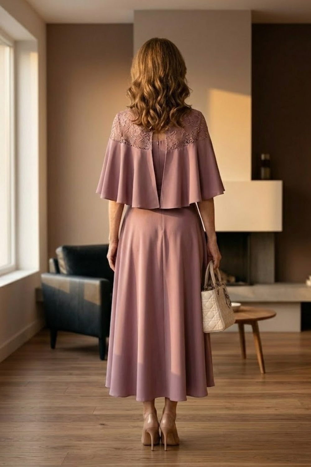 Dusty Pink A Line High Neck Long Mother of Bride Dress with Lace Appliques