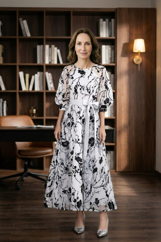 White Floral A Line Scoop Long Mother of Bride Dress