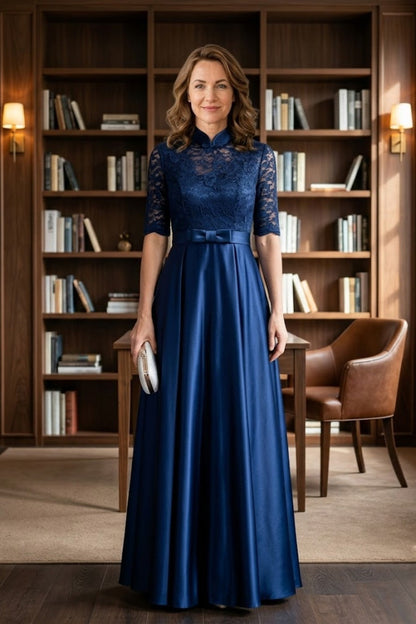 Navy Blue A Line High Neck Long Mother of Bride Dress with Lace Appliques