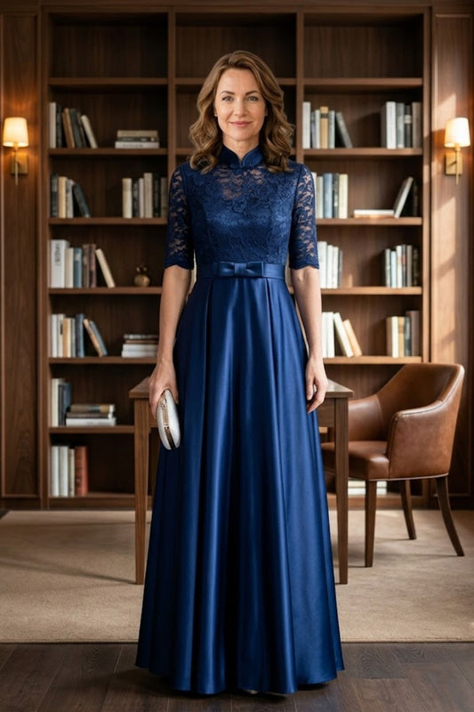 Navy Blue A Line High Neck Long Mother of Bride Dress with Lace Appliques